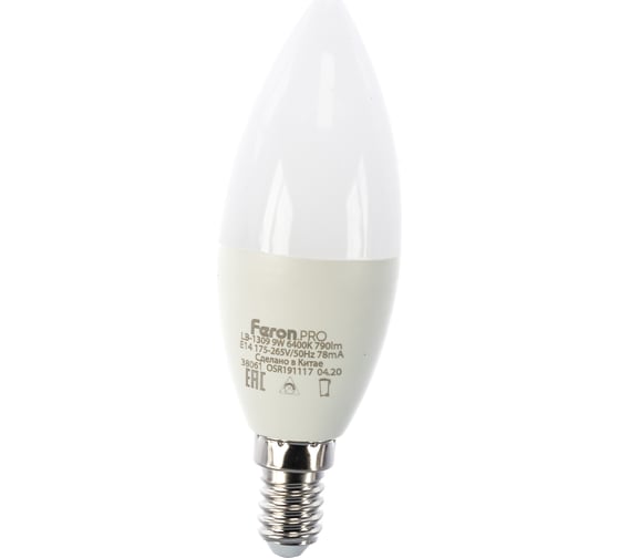 Светодиодная лампа FERON PRO LB-1309 Свеча E14 9W 6400K OSRAM LED 38061