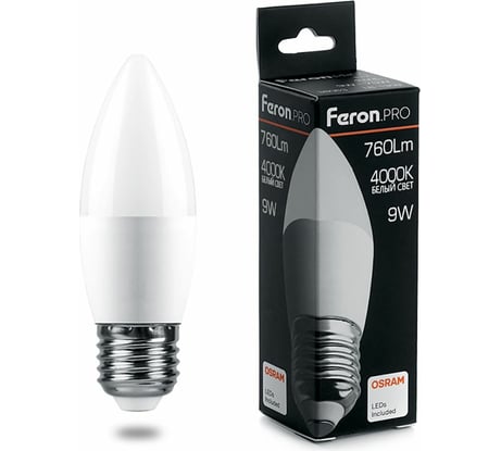 Светодиодная лампа FERON PRO LB-1309 Свеча E27 9W 4000K OSRAM LED 38063