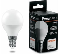 Светодиодная лампа FERON PRO LB-1406 Шарик E14 6W 4000K OSRAM LED 38066