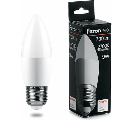 Светодиодная лампа FERON PRO LB-1309 Свеча E27 9W 2700K 38062