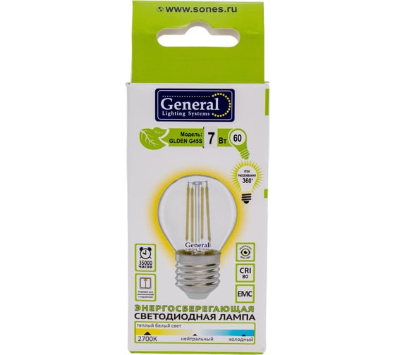 Светодиодная лампа General Lighting Systems Филамент прозрачный E27 7Вт 230В 490Лм 2700К Теплый белый свет Шар GLDEN-G45S-7-230-E27-2700 648000