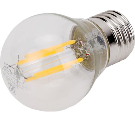 Светодиодная лампа General Lighting Systems Филамент прозрачный E27 7Вт 230В 490Лм 2700К Теплый белый свет Шар GLDEN-G45S-7-230-E27-2700 648000