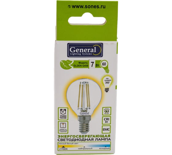 Светодиодная лампа General Lighting Systems Филамент прозрачный E14 7Вт 230В 490Лм 2700К Теплый белый свет Шар GLDEN-G45S-7-230-E14-2700 647800