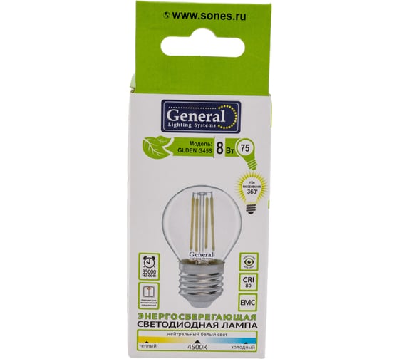 Светодиодная лампа General Lighting Systems Филамент прозрачный E27 8Вт 230В 630Лм 4500К Нейтральный белый свет Шар GLDEN-G45S-8-230-E27-4500 649981