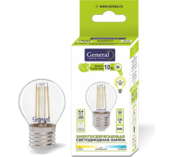 Светодиодная лампа General Lighting Systems Филамент прозрачный E27 10Вт 230В 810Лм 6500К Холодный белый свет Шар GLDEN-G45S-10-230-E27-6500 649911