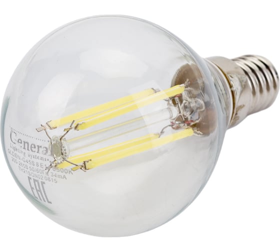 Светодиодная лампа General Lighting Systems Филамент прозрачный E14 8Вт 230В 660Лм 6500К Холодный белый свет Шар GLDEN-G45S-8-230-E14-6500 649979