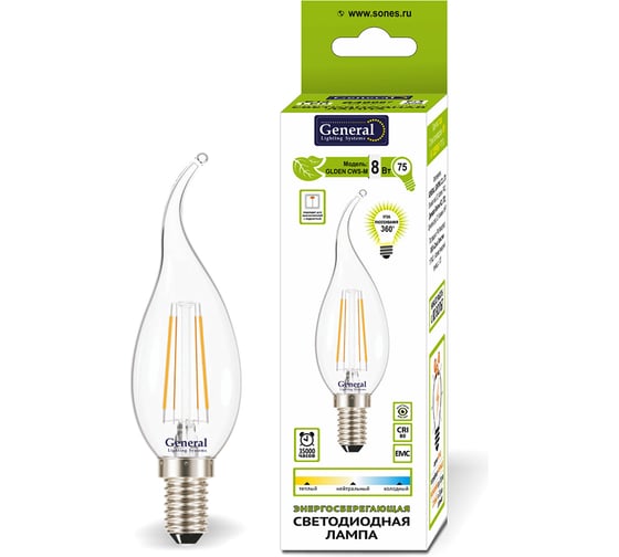 Светодиодная лампа General Lighting Systems Филамент прозрачный E14 8Вт 660Лм 6500К Холодный белый свет Свеча на ветру GLDEN-CWS-8-230-E14-6500 649988