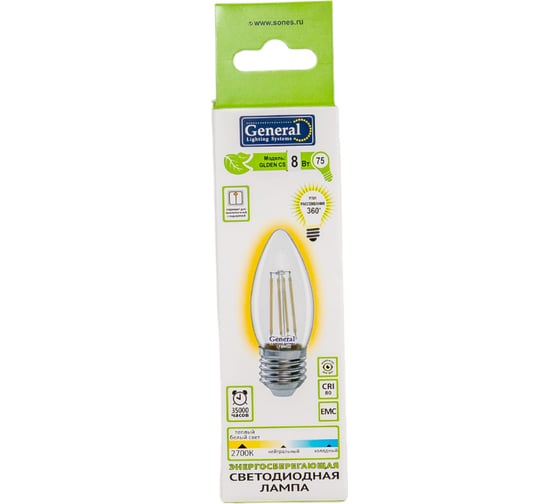 Светодиодная лампа General Lighting Systems Филамент прозрачный E27 8Вт 230В 610Лм 2700К Теплый белый свет Свеча GLDEN-CS-8-230-E27-2700 649974