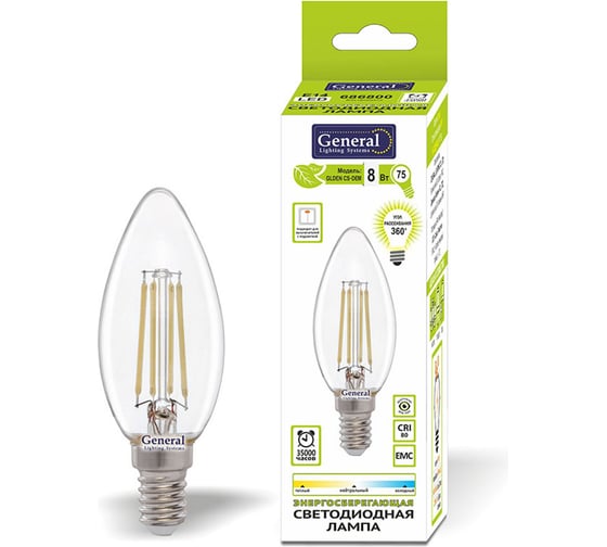 Светодиодная лампа General Lighting Systems FIL диммируемая, свеча CS-8W-E14-2700K 686700