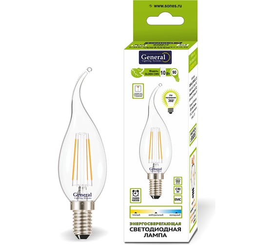 Светодиодная лампа General Lighting Systems Филамент прозрачный E14 10Вт 770Лм 2700К Теплый белый свет Свеча на ветру GLDEN-CWS-10-230-E14-2700 649918