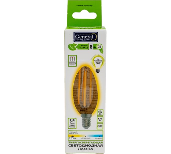 Светодиодная лампа General Lighting Systems Филамент прозрачный E14 8Вт 230В 610Лм 2700К Теплый белый свет Свеча GLDEN-CS-8-230-E14-2700 649971