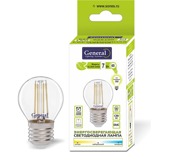 Светодиодная лампа General Lighting Systems Филамент прозрачный E27 7Вт 230В 510Лм 4500К Нейтральный белый свет Шар GLDEN-G45S-7-230-E27-4500 648100