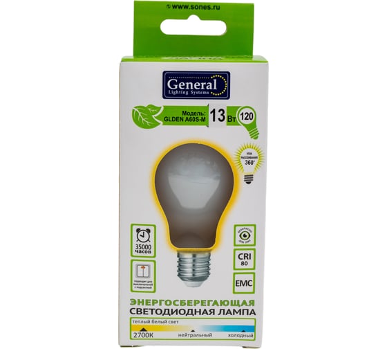 Светодиодная лампа General Lighting Systems Филамент матовый E27 13Вт 230В 1025Лм 2700К Теплый белый свет Груша GLDEN-A60S-M-13-230-E27-2700 649938