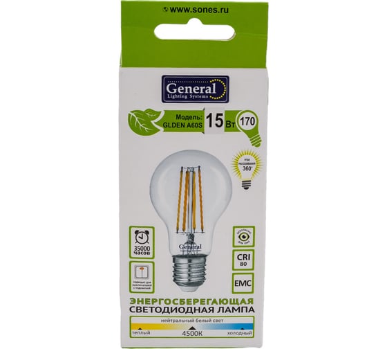 Светодиодная лампа General Lighting Systems Филамент прозрачный E27 15Вт 1330Лм 4500К Нейтральный белый свет Груша GLDEN-A60S-15-230-E27-4500 660317