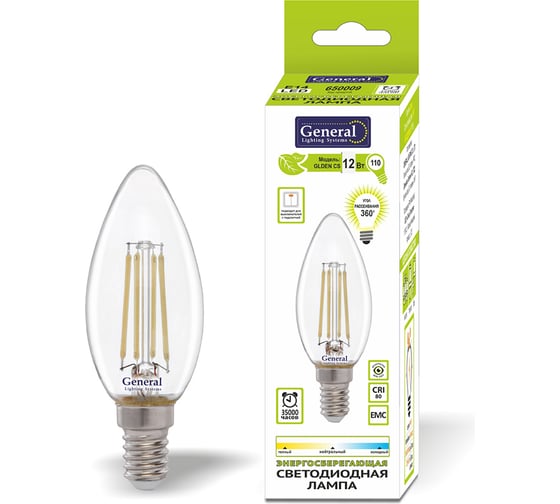 Светодиодная лампа General Lighting Systems Филамент прозрачный E14 12Вт 230В 910Лм 2700К Теплый белый свет Свеча GLDEN-CS-12-230-E14-2700 660325