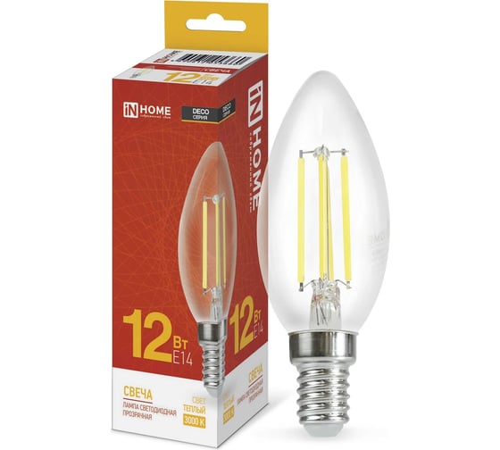 Лампа IN HOME сд LED-СВЕЧА-deco 12Вт 230В Е14 3000К 1350Лм прозрачная 4690612053660