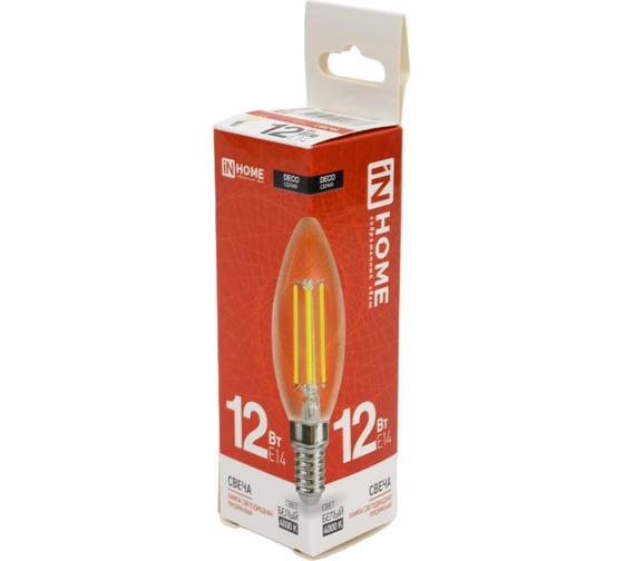 Лампа IN HOME сд LED-СВЕЧА-deco 12Вт 230В Е14 4000К 1350Лм прозрачная 4690612053677