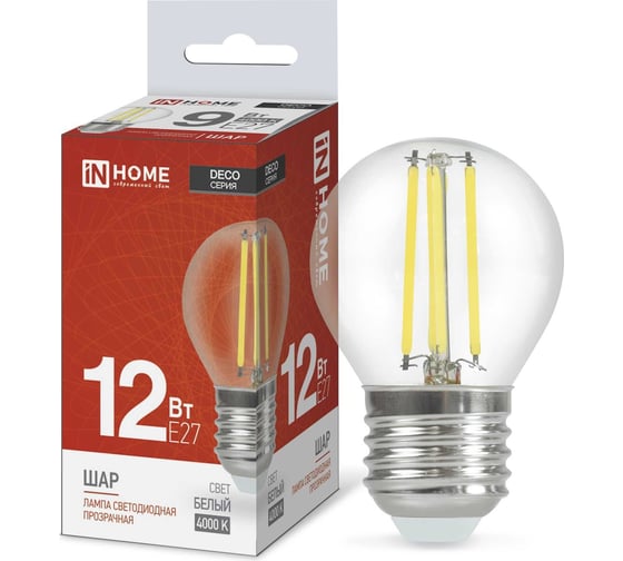 Лампа IN HOME сд LED-ШАР-deco 12Вт 230В Е27 4000К 1350Лм прозрачная 4690612053691