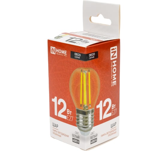 Лампа IN HOME сд LED-ШАР-deco 12Вт 230В Е27 4000К 1350Лм прозрачная 4690612053691