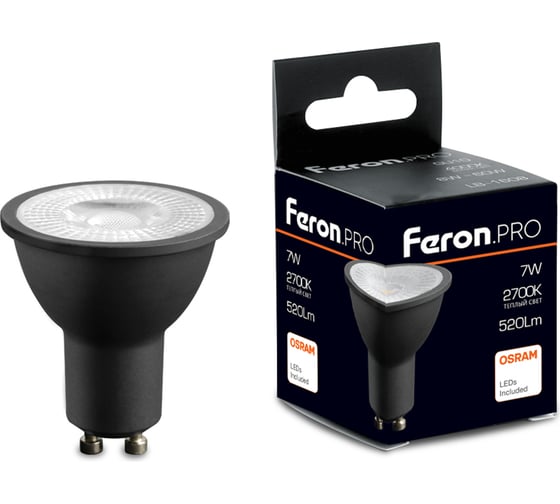 Лампа светодиодная FERON PRO LB-1607 GU10 7W 175-265V 2700K в черном корпусе, 48956