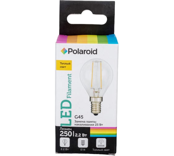 Светодиодная лампа Polaroid 220V FIL G45 2,2W 3000K E14 250lm PL-G45F2143