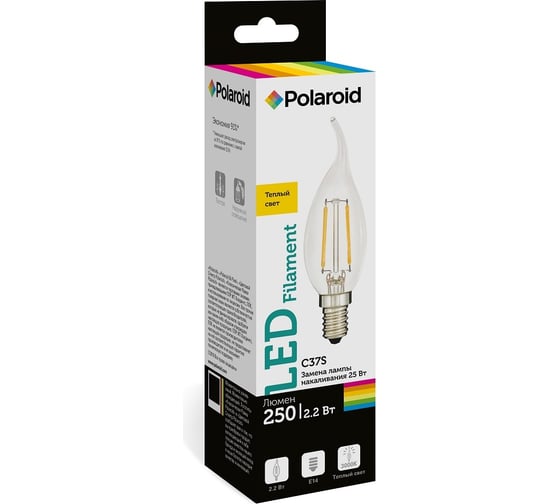 Светодиодная лампа Polaroid 220V C37S FIL 2,2W 3000K E14 250lm PL-C37SF2143