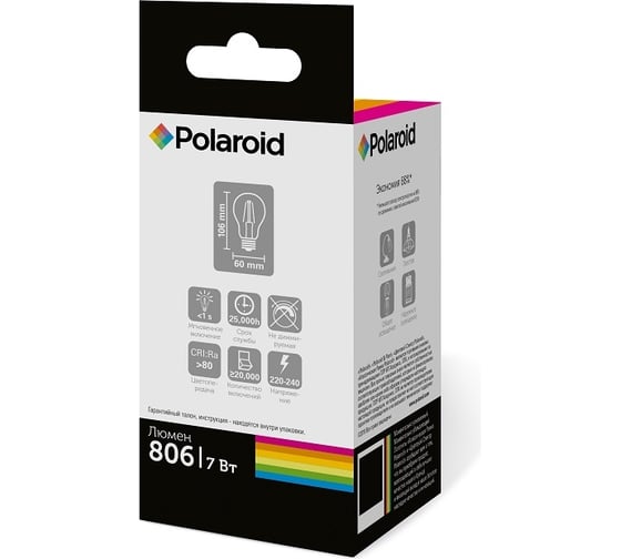 Светодиодная лампа Polaroid 220V FIL A60 7W 6500K E27 806lm PL-A60F7276