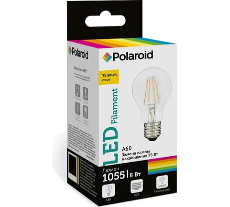 Светодиодная лампа Polaroid 220V FIL A60 8W 3000K E27 1055lm PL-A60F4283