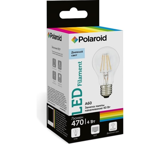 Светодиодная лампа Polaroid 220V FIL A60 4W 6500K E27 470lm PL-A60F4276