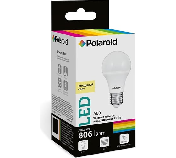 Светодиодная лампа Polaroid 220V A60 9W 4000K E27 806lm PL-A6090274