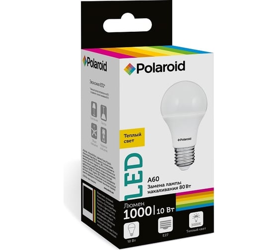 Светодиодная лампа Polaroid 220V A60 10W 3000K E27 1000lm PL-A60100273