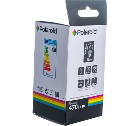 Светодиодная лампа Polaroid 220V FIL A60 4W 3000K E27 470lm PL-A60F4273