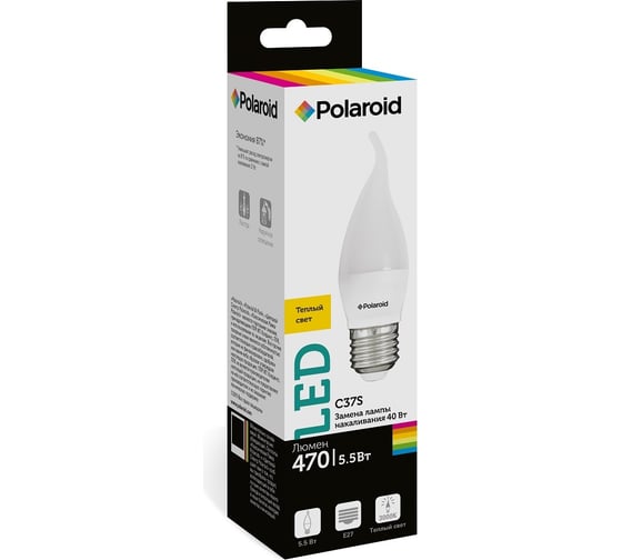 Светодиодная лампа Polaroid 220V C37S 5,5W 3000K E27 470lm PL-C37S55273