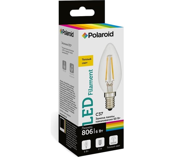 Светодиодная лампа Polaroid 220V C37 FIL 6W 3000K E14 806lm PL-C37F6143