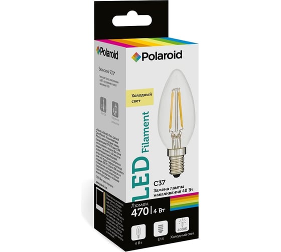 Светодиодная лампа Polaroid 220V C37 FIL 4W 4000K E14 470lm PL-C37F4144
