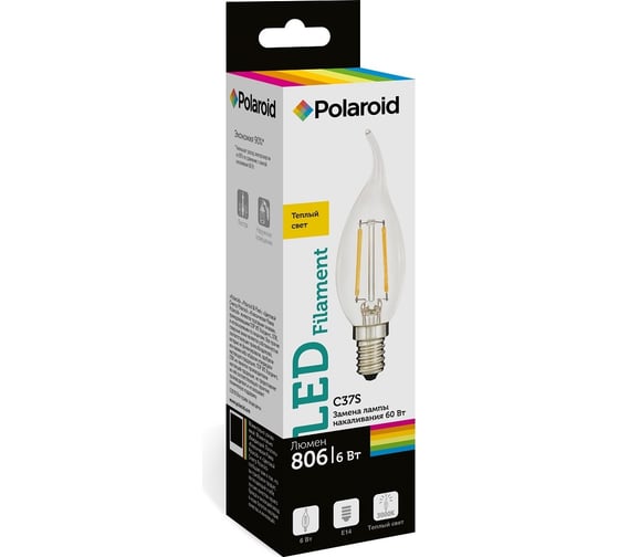 Светодиодная лампа Polaroid 220V C37S FIL 6W 3000K E14 806lm PL-C37SF6143