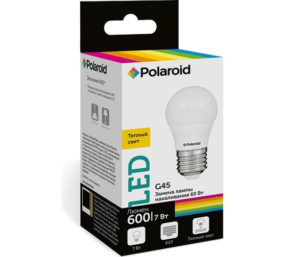 Светодиодная лампа Polaroid 220V G45 7W 3000K E27 600lm PL-G457273