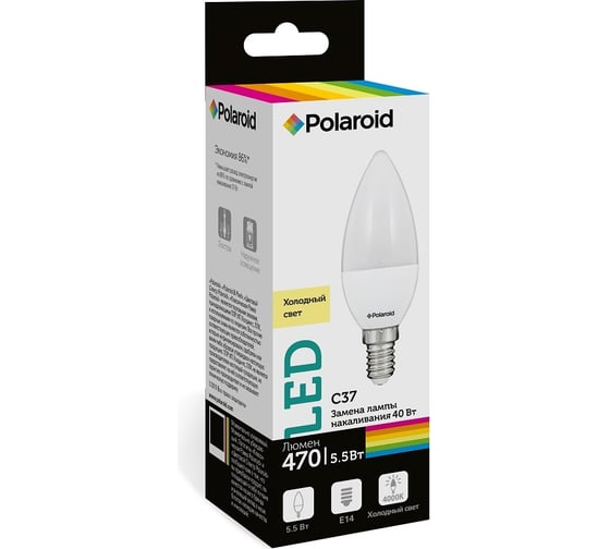 Светодиодная лампа Polaroid 220V C37 5,5W 4000K E14 470lm PL-C3755144