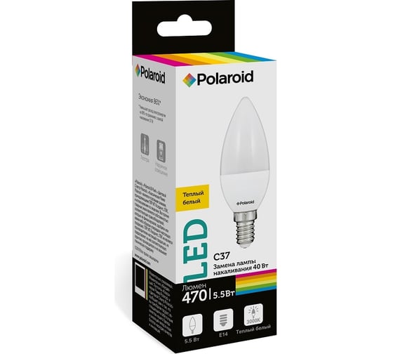 Светодиодная лампа Polaroid 220V C37 5,5W 3000K E14 470lm PL-C3755143