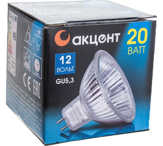 Галогенная лампа АКЦЕНТ MR16, 12В, 20W, 36°, GU5.3, с отражателем и защитным стеклом 4606400204237