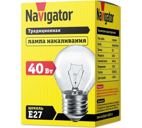 Лампа накаливания Navigator декоративная , ДШ, 40Вт, Р45, 230В, Е27, 94310