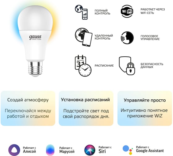 Светодиодная лампа Gauss Smart Home DIM+CCT E27 A60 10 Вт 1080112