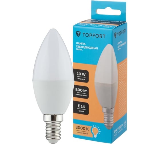 Светодиодная лампа Topfort E14, 10W, 3000K, свеча 1885101