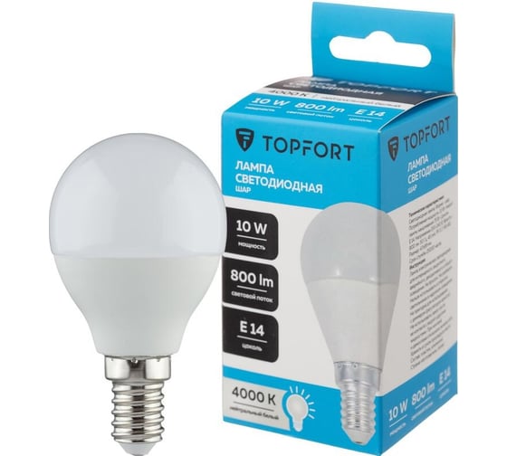 Светодиодная лампа Topfort E14, 10W, 4000K, шар 1885097