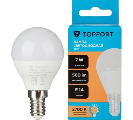 Светодиодная лампа Topfort E14, 7W, 2700K, шар 1885089