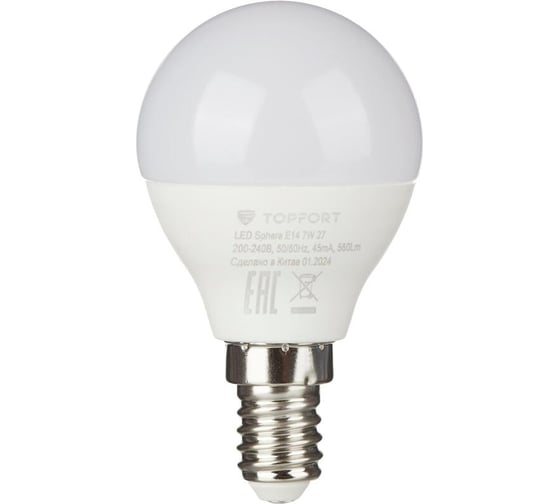 Светодиодная лампа Topfort E14, 7W, 2700K, шар 1885089