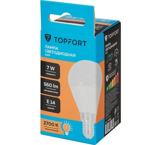 Светодиодная лампа Topfort E14, 7W, 2700K, шар 1885089