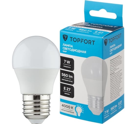Светодиодная лампа Topfort E27, 7W, 4000K, шар 1885108