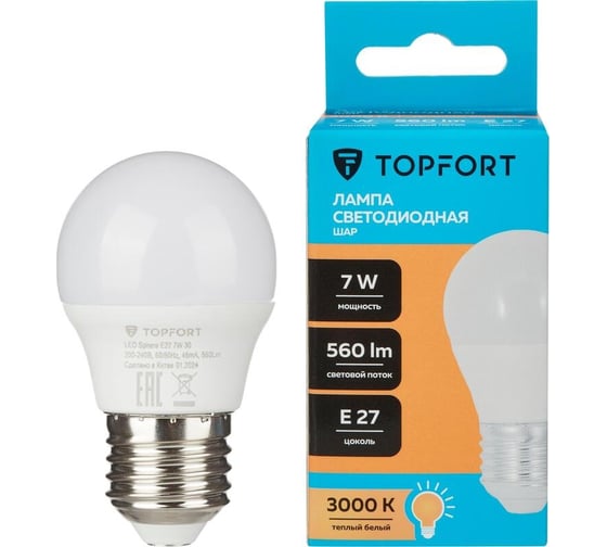 Светодиодная лампа Topfort E27, 7W, 3000K, шар 1886252 1