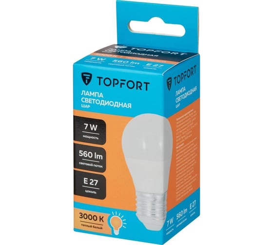 Светодиодная лампа Topfort E27, 7W, 3000K, шар 1886252